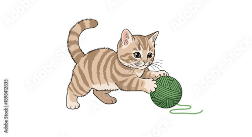 Cute young tabby kitten playfully batting a ball of green yarn on a plain white background for pet care and animal lover themed designs.
