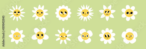 Cute daisy flower faces set. Smiling chamomile flowers. Vector illustration isolated on green background..