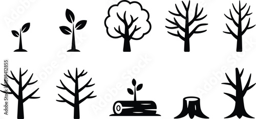 Tree Life Cycle Silhouette – Black and White Icons Depicting Saplings, Mature Trees, Leafless Branches, Stump, Log, and Decaying Forms Representing Growth, Decline, and Renewal