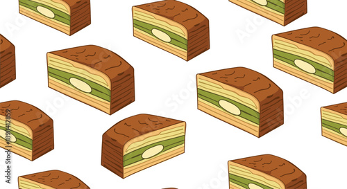 Seamless pattern featuring delicious slices of layered green tea cake with white cream filling on white background.