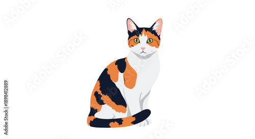 Realistic illustration of a sitting calico cat with orange black and white patches looking forward on white background.