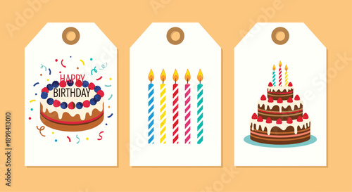 Set of three white gift tags featuring illustrations of a birthday cake candles and another multi-tiered cake.