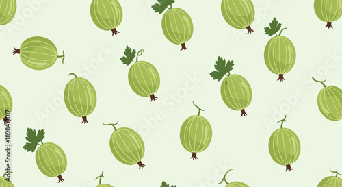 Seamless pattern featuring ripe green gooseberries with leaves on a pale green background for food products.