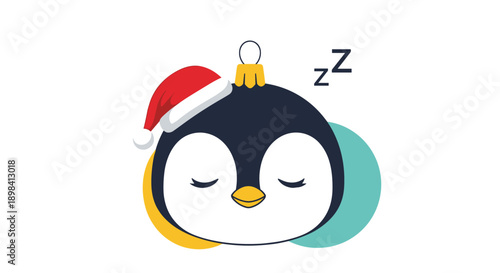 Cute sleeping penguin head wearing a red santa hat and hanging as a christmas ornament with zzz sleep bubbles.