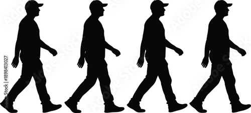 Black silhouette of man walking sequence, person in baseball cap four poses movement animation, minimalist human figure walking cycle on white