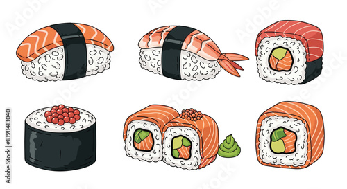 Delicious variety of hand-drawn sushi pieces including nigiri maki and rolls with wasabi on a white background.