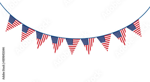 Patriotic bunting banner with several american flag pennants hanging on a string for festive holiday celebration.