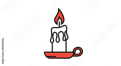 Burning wax candle in a red holder with a simple black outline style isolated on white background representing light and warmth.