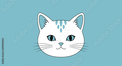 Simple and cute illustration of a white cat head with bright blue eyes and whiskers on a light blue background.
