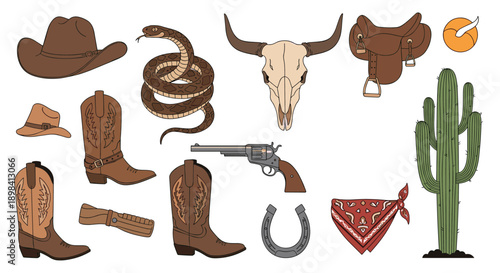 Extensive collection of wild west themed illustrations including cowboy boots hats snake skull gun and cactus.