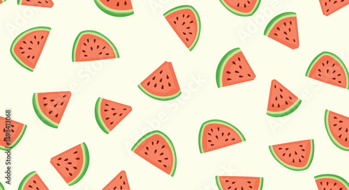 Seamless pattern of juicy watermelon slices with black seeds scattered on a light cream background ideal for summer themed textile designs.