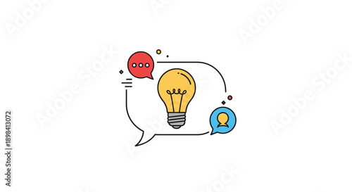 Conceptual illustration of a light bulb inside a speech bubble with chat icons representing a creative idea sharing and collaborative brainstorming session.