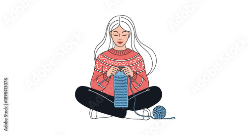 Young woman with long white hair sitting cross legged and knitting a blue scarf with a ball of yarn on a plain white background.