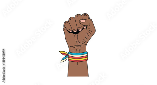 Powerful illustration of a raised black fist with a colorful striped wristband symbolizing strength and solidarity.