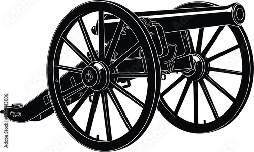 Black, silhouette, illustration, of, a, vintage, American, Civil, War, cannon, on, wooden, wheels, isolated, on, white, background, vector, graphic, design