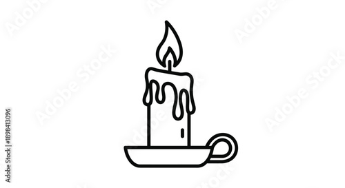 Minimalist black outline illustration of a burning wax candle in a simple holder isolated on white background depicting light and peace.