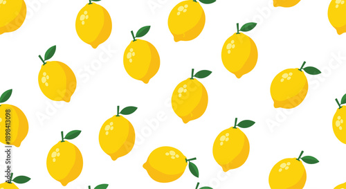 Seamless pattern of whole yellow lemons with green leaves on a white background perfect for summer kitchen decor and fabric prints.