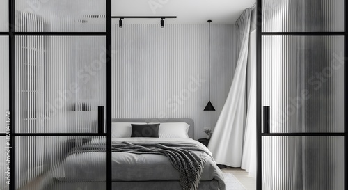 Modern Bedroom Interior with Minimalist Design and Textured Glass Doors.