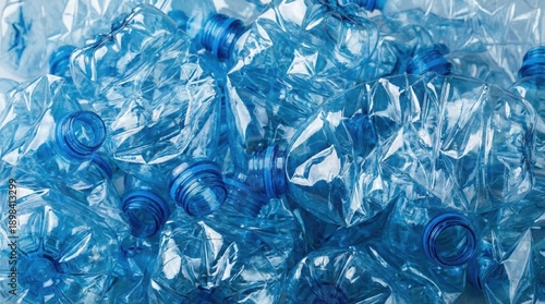 Crushed plastic bottles for recycling,blue transparent PET containers,waste management and environmental sustainability concept