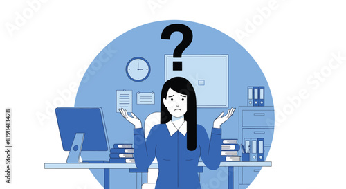 Confused Businesswoman with Question Mark in Blue Office, Flat Design Illustration, Uncertain Employee Making Questioning Gesture, Minimalist Professional Vector Scene