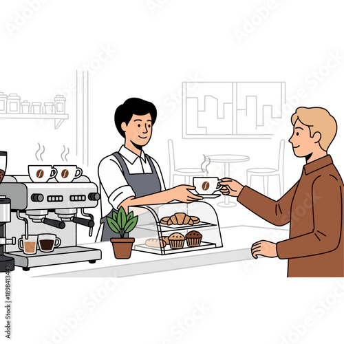 Barista serving coffee to customer at cafe counter with pastries and espresso machine