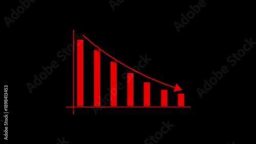 Business graph chart with down trend arrow red color animation on black background.