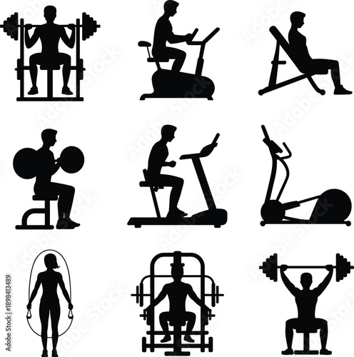 Fitness gym workout silhouette set illustration, people exercising with equipment machines, strength training cardio exercises, black and white vector icons