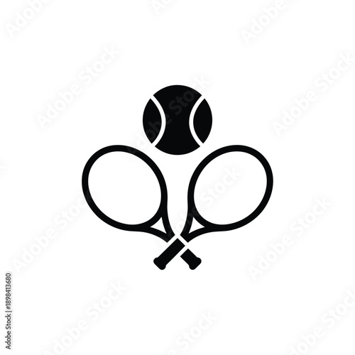 Black silhouette of two tennis rackets and a ball against a white background