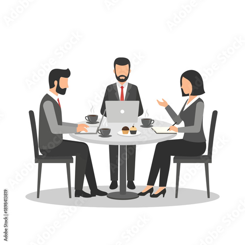 Business Meeting: Team Collaboration Around a Table with Laptops and Coffee