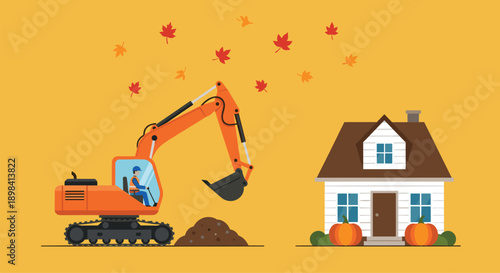 Flat minimalist construction illustration featuring orange excavator, autumn house with pumpkins, falling leaves, and operator on mustard yellow background for seasonal building.