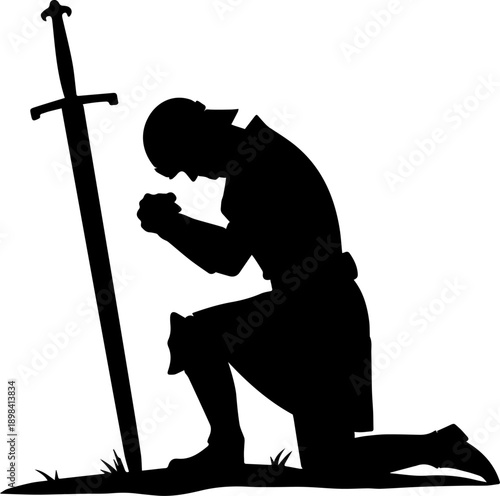 Kneeling Knight Silhouette Praying with Sword Vector Graphic Isolated Black and White Medieval Warrior Icon