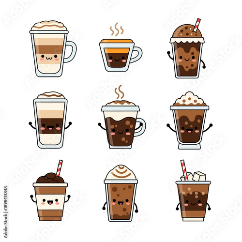 Cute Kawaii Coffee Drinks Collection Vector Illustration