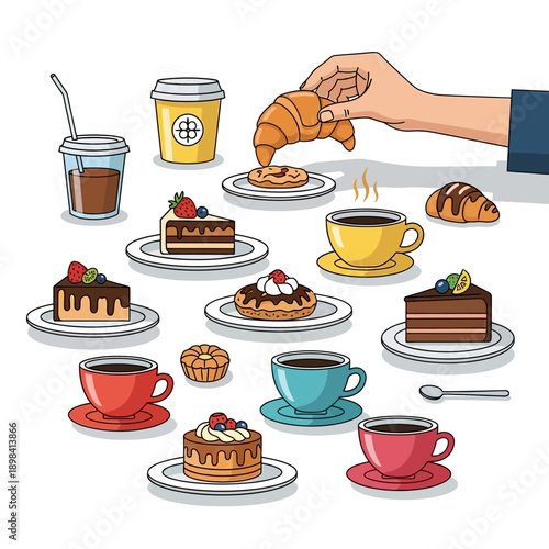 Hand reaching for croissant over assorted desserts and coffee cups, illustration