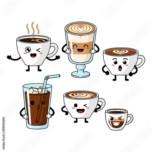 Cute Coffee Cups Characters Set: Hot & Cold Drinks, Kawaii Style, Isolated Illustration