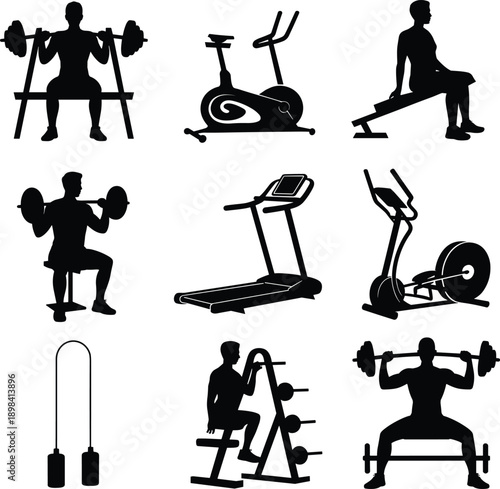 Gym fitness exercise silhouette set illustration, people training with machines and weights, strength cardio workout equipment, black white vector icons