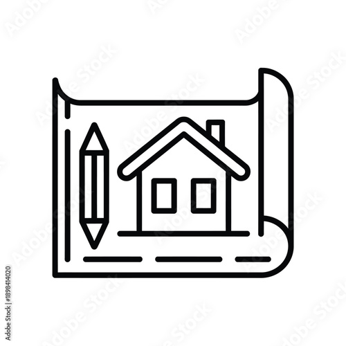 Architectural plan with a house design and pencil illustration black outline icon