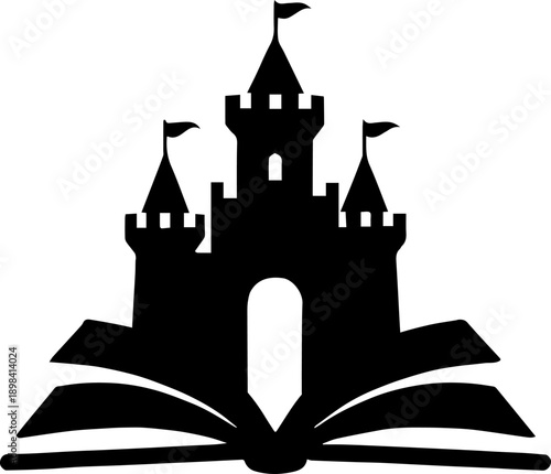 Fantasy Castle on Open Book Silhouette Vector Icon Storytelling Education Logo
