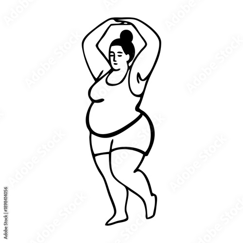 Dibujo sencillo con líneas de una mujer con sobrepeso, con ropa deportiva, haciendo ejercicio físico para perder peso