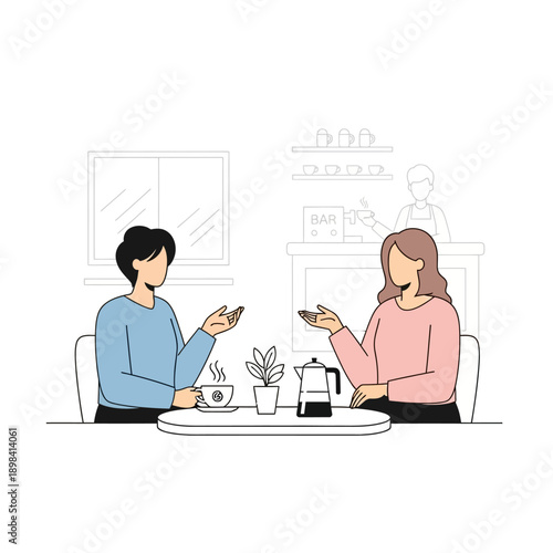 Two people talking at a cafe table with coffee and plant, barista in background