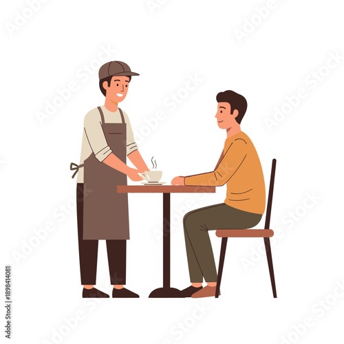 Barista Serving Coffee to Customer at Cafe Table - Flat Illustration