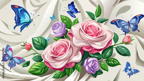 Very beautiful elegant floral composition with pink roses and blue butterflies decorating smooth white satin fabric, creating a delicate, feminine, and romantic natural design.
