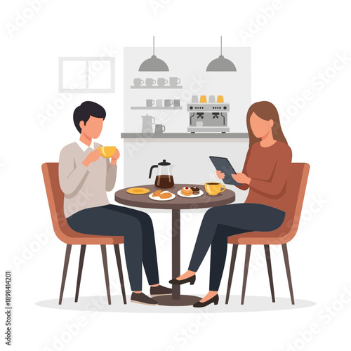 Couple enjoying coffee and pastries at a modern cafe with a tablet