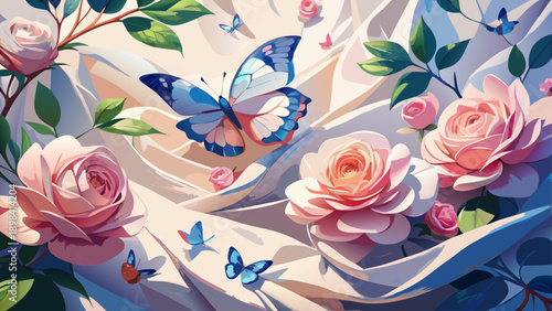 Very beautiful elegant floral composition with pink roses and blue butterflies decorating smooth white satin fabric, creating a delicate, feminine, and romantic natural design.

