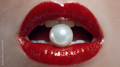 Bright red lips are slightly open, holding a white pearl between the teeth in a close view of beauty