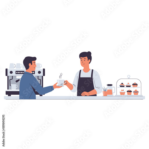 Barista Serving Coffee to Customer at Counter with Pastries and Espresso Machine