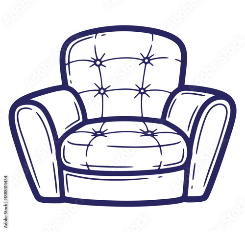 Hand drawn vector illustration of a comfortable armchair with button tufting details isolated