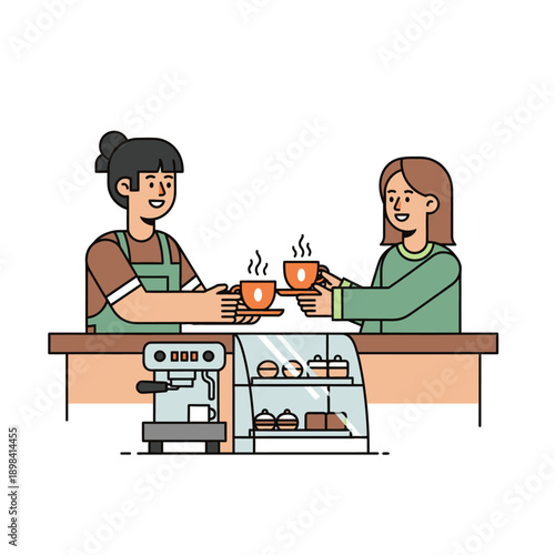 Barista serving coffee to customer at cafe counter with pastries and espresso machine