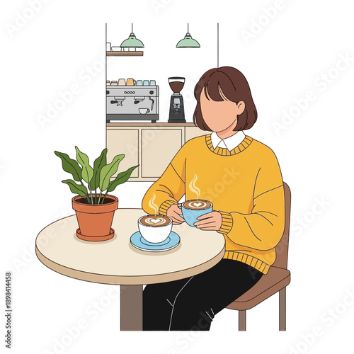 Cozy Cafe Scene: Woman Enjoys Coffee Break with Latte Art and Plant