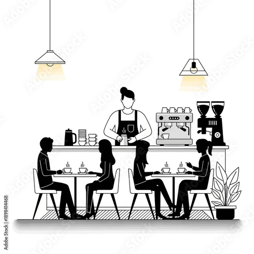 Modern cafe interior with barista and customers enjoying coffee at tables