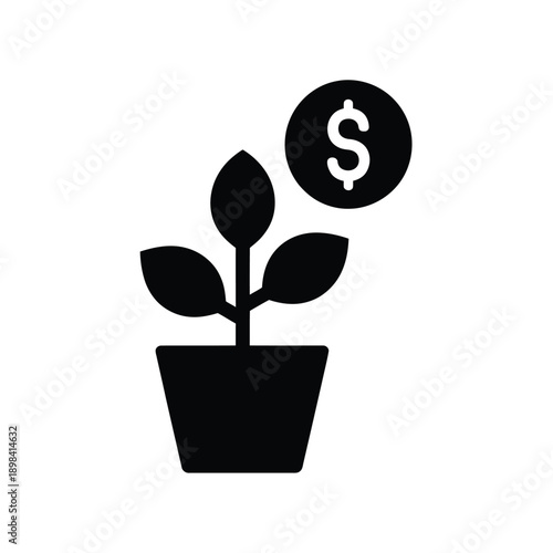 A black silhouette of a plant growing from a pot with a dollar sign